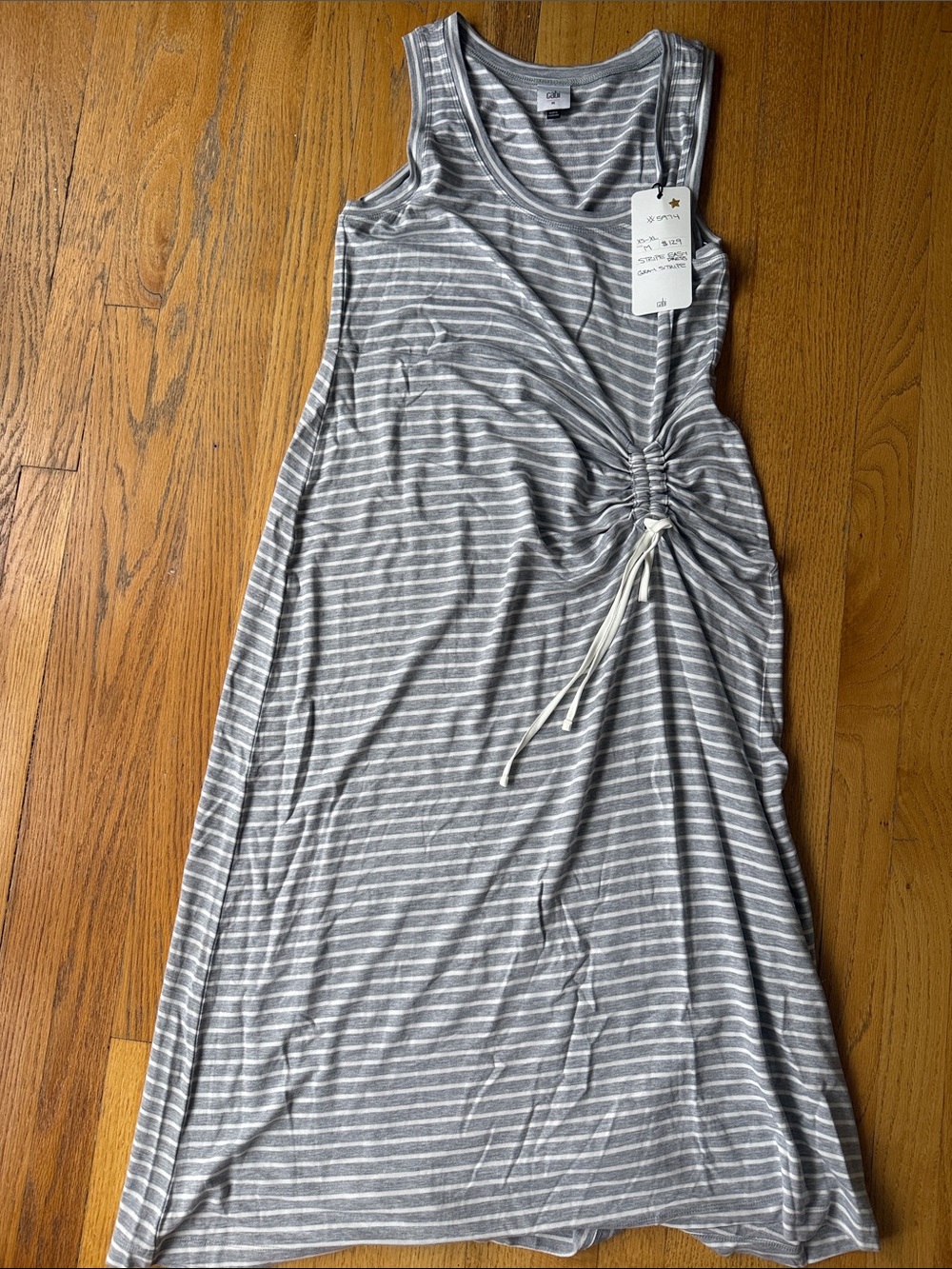 CAbi Gray & White Striped Ruched Tank Maxi Dress